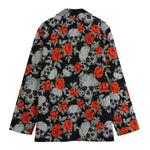 Red Rose Grey Skull Pattern Print Women's Cotton Blazer
