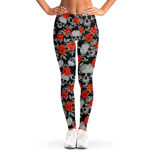 Red Rose Grey Skull Pattern Print Women's Leggings
