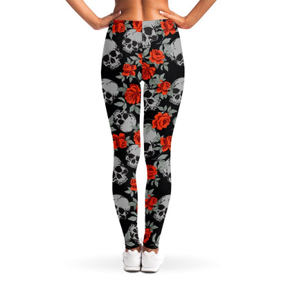 Red Rose Grey Skull Pattern Print Women's Leggings