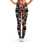 Red Rose Grey Skull Pattern Print Women's Leggings