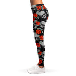 Red Rose Grey Skull Pattern Print Women's Leggings