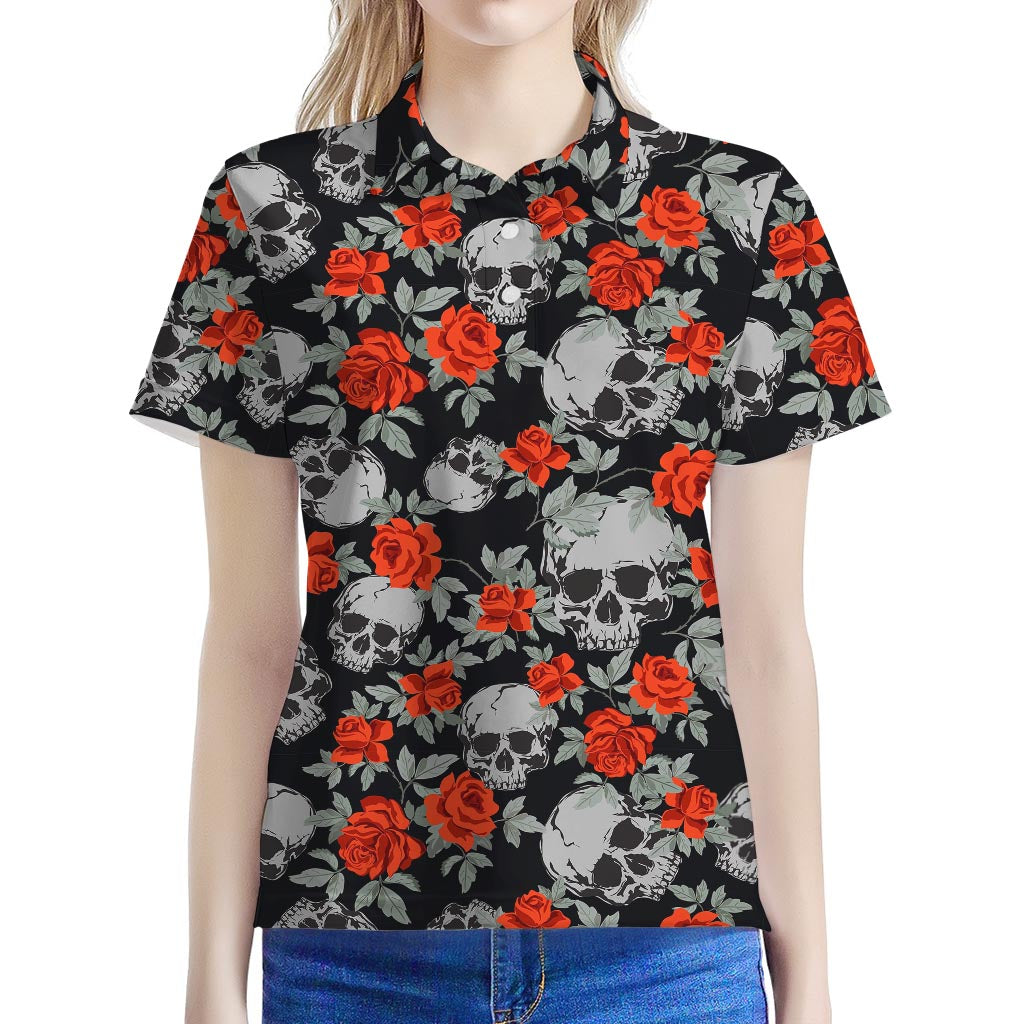 Red Rose Grey Skull Pattern Print Women's Polo Shirt