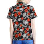 Red Rose Grey Skull Pattern Print Women's Polo Shirt