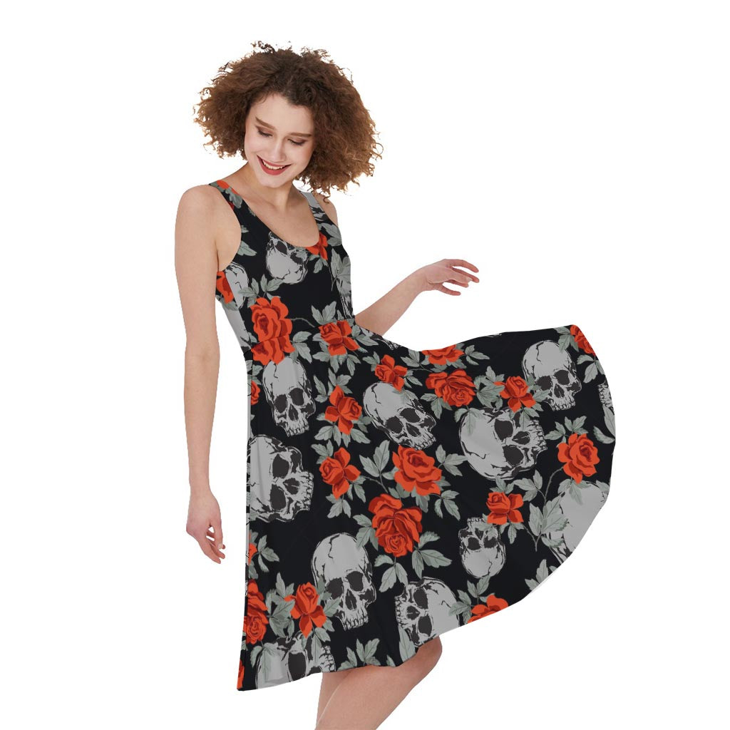 Red Rose Grey Skull Pattern Print Women's Sleeveless Dress