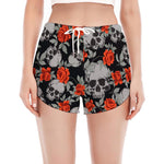 Red Rose Grey Skull Pattern Print Women's Split Running Shorts