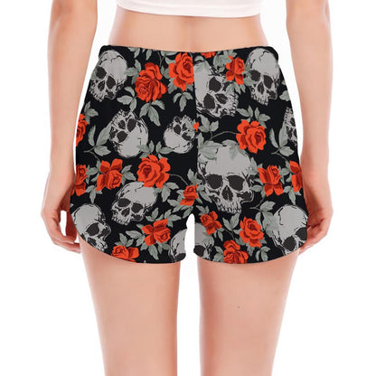 Red Rose Grey Skull Pattern Print Women's Split Running Shorts