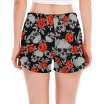 Red Rose Grey Skull Pattern Print Women's Split Running Shorts