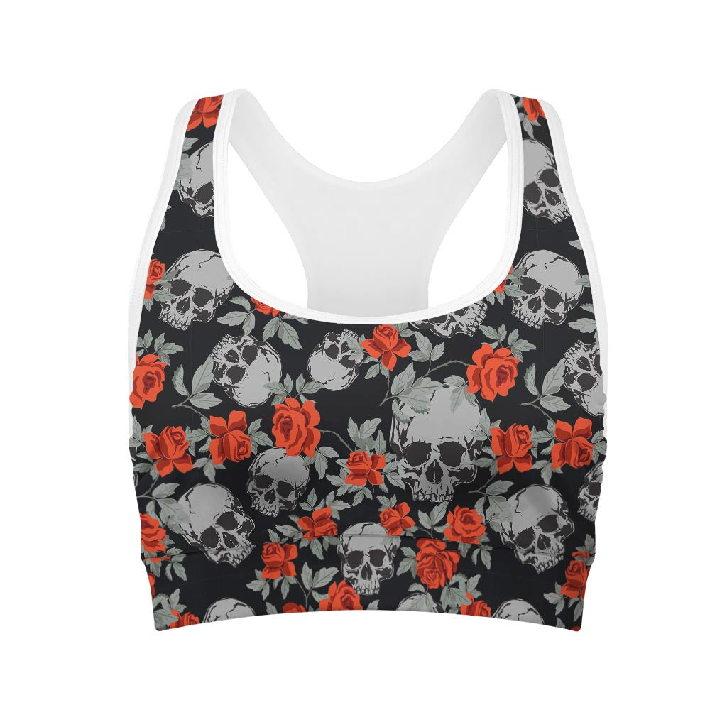 Red Rose Grey Skull Pattern Print Women's Sports Bra