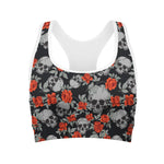 Red Rose Grey Skull Pattern Print Women's Sports Bra