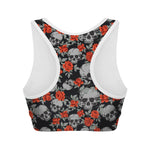 Red Rose Grey Skull Pattern Print Women's Sports Bra