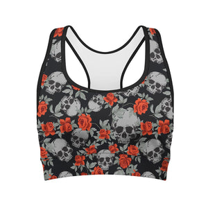 Red Rose Grey Skull Pattern Print Women's Sports Bra