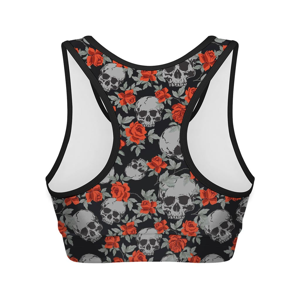 Red Rose Grey Skull Pattern Print Women's Sports Bra