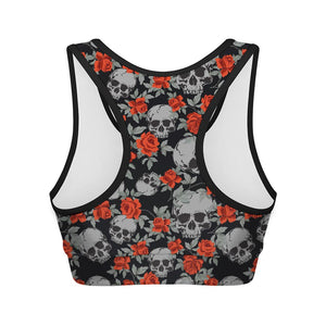 Red Rose Grey Skull Pattern Print Women's Sports Bra