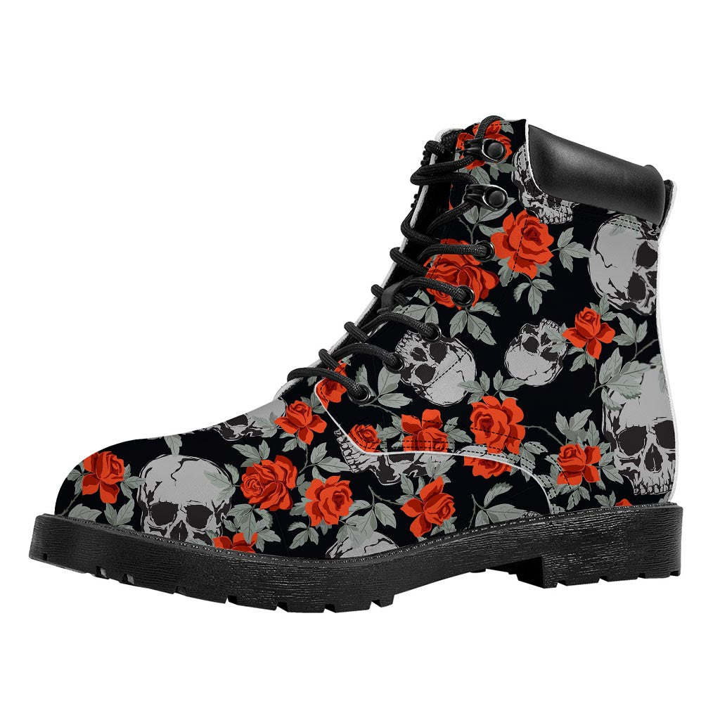 Red Rose Grey Skull Pattern Print Work Boots