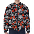 Red Rose Grey Skull Pattern Print Zip Sleeve Bomber Jacket