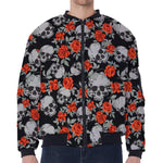 Red Rose Grey Skull Pattern Print Zip Sleeve Bomber Jacket