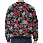 Red Rose Grey Skull Pattern Print Zip Sleeve Bomber Jacket