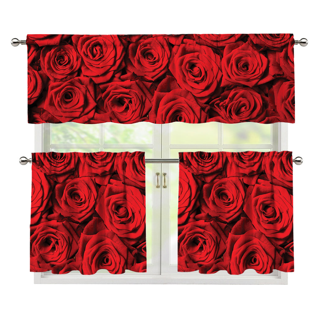 Red Rose Print 3 Piece Kitchen Curtains