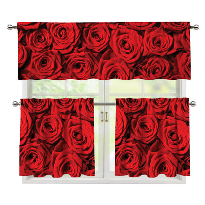 Red Rose Print 3 Piece Kitchen Curtains
