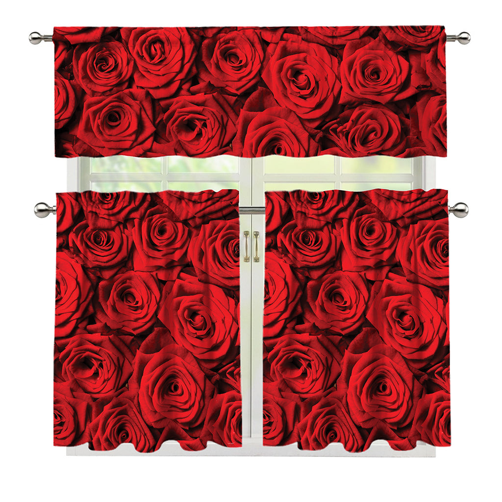 Red Rose Print 3 Piece Kitchen Curtains