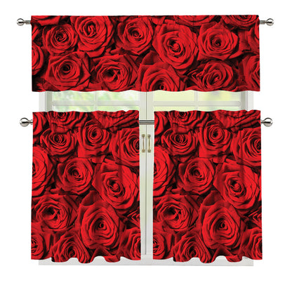 Red Rose Print 3 Piece Kitchen Curtains