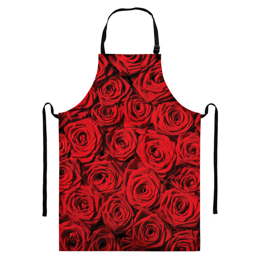 Red Rose Print Bib Apron With Pocket