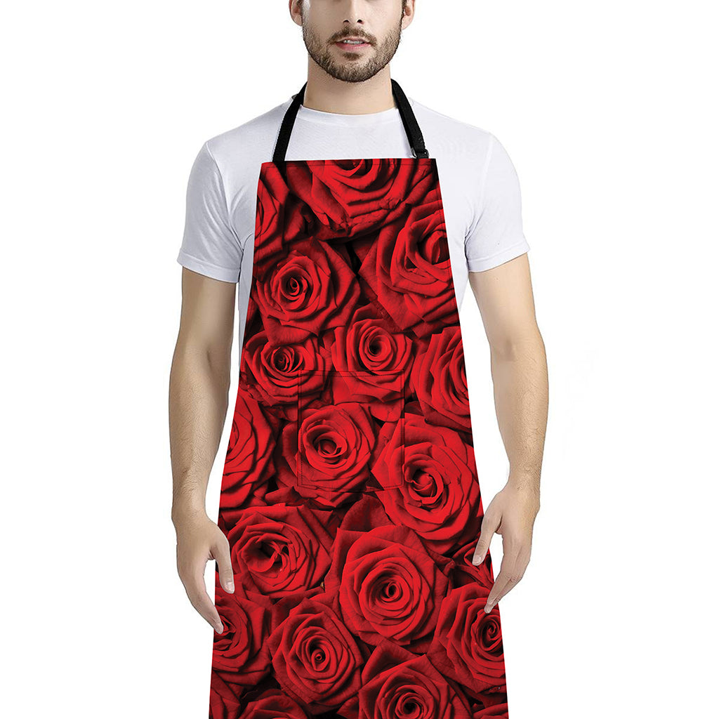 Red Rose Print Bib Apron With Pocket