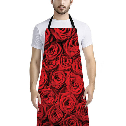 Red Rose Print Bib Apron With Pocket