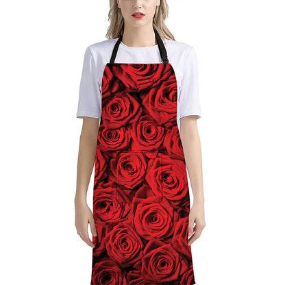 Red Rose Print Bib Apron With Pocket