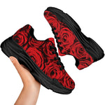 Red Rose Print Black Chunky Shoes