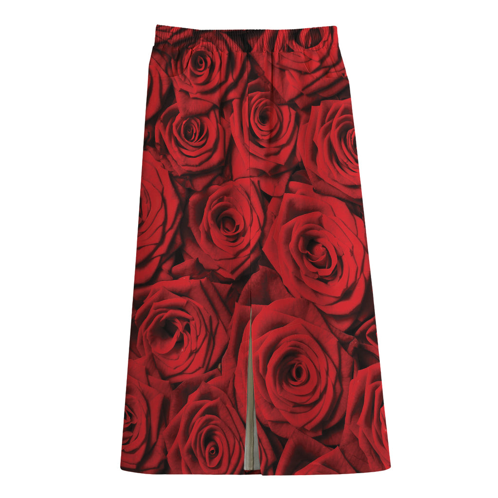 Red Rose Print Cotton Front Slit Maxi Skirt