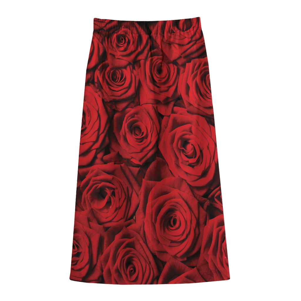 Red Rose Print Cotton Front Slit Maxi Skirt