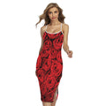 Red Rose Print Cross Back Cami Dress