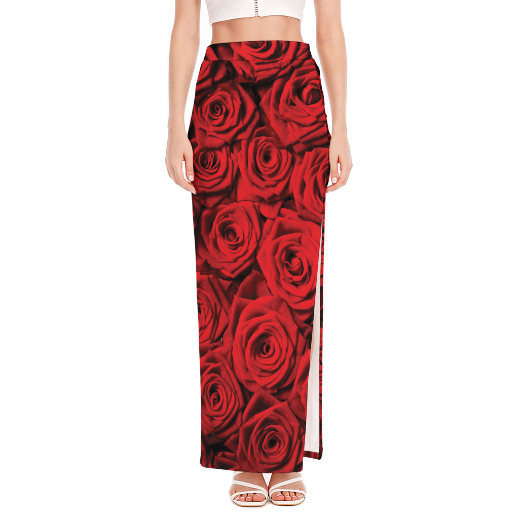 Red Rose Print High Slit Maxi Skirt