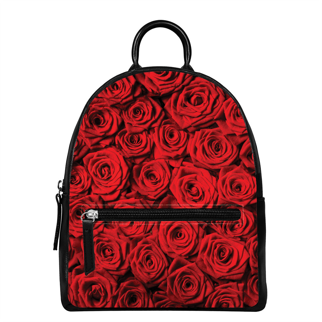 Red Rose Print Leather Backpack