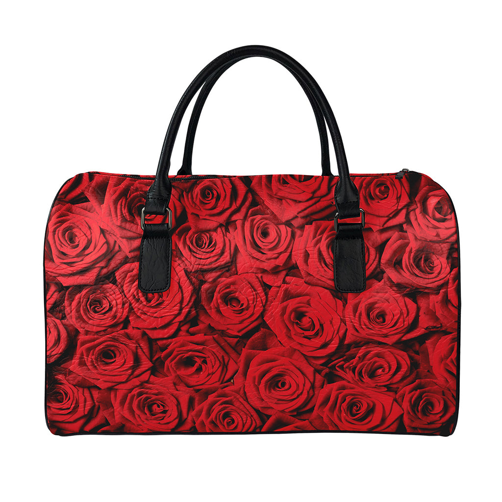 Red Rose Print Leather Duffle Bag