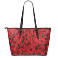 Red Rose Print Leather Tote Bag With Zipper