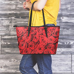 Red Rose Print Leather Tote Bag
