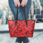 Red Rose Print Leather Tote Bag