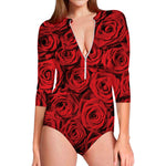 Red Rose Print Long Sleeve Swimsuit