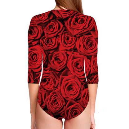 Red Rose Print Long Sleeve Swimsuit