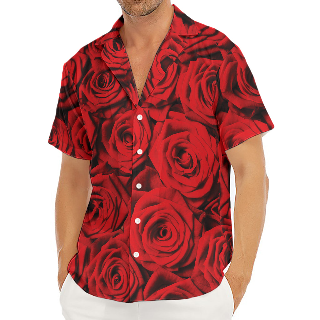Red Rose Print Men's Deep V-Neck Shirt