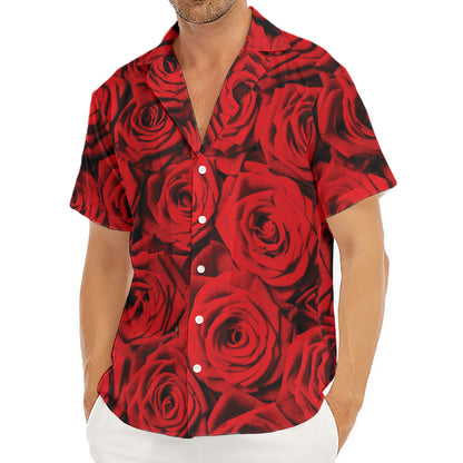 Red Rose Print Men's Deep V-Neck Shirt