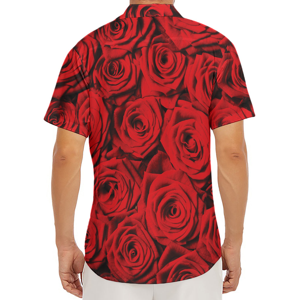 Red Rose Print Men's Deep V-Neck Shirt