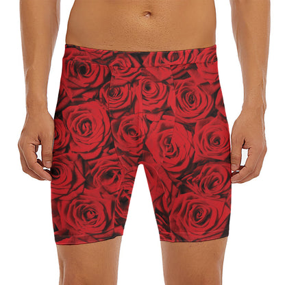 Red Rose Print Men's Long Boxer Briefs