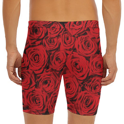 Red Rose Print Men's Long Boxer Briefs