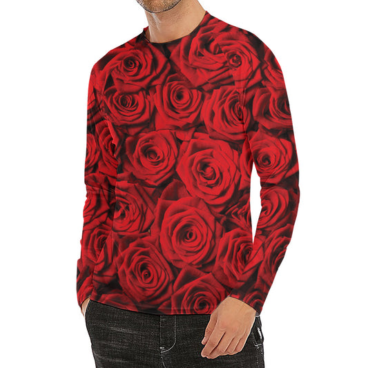Red Rose Print Men's Long Sleeve Rash Guard