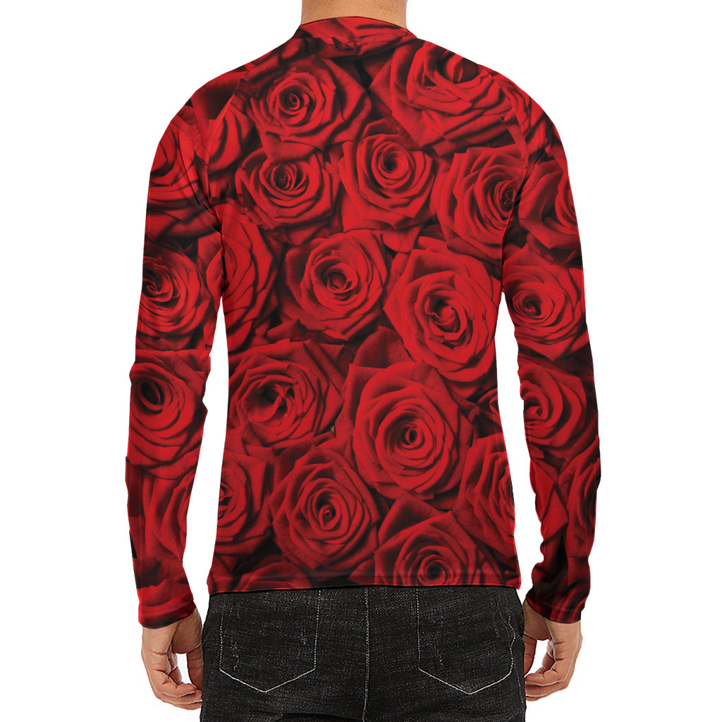 Red Rose Print Men's Long Sleeve Rash Guard