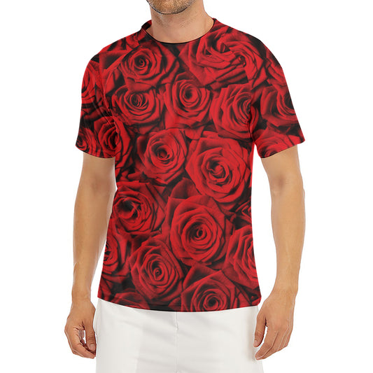 Red Rose Print Men's Short Sleeve Rash Guard