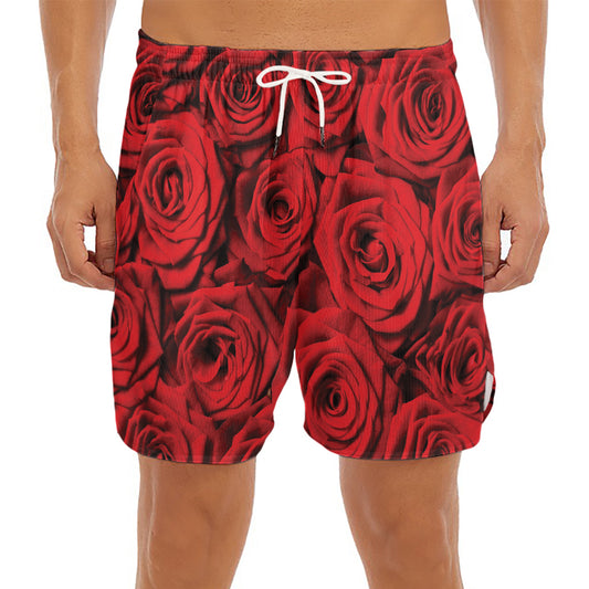 Red Rose Print Men's Split Running Shorts